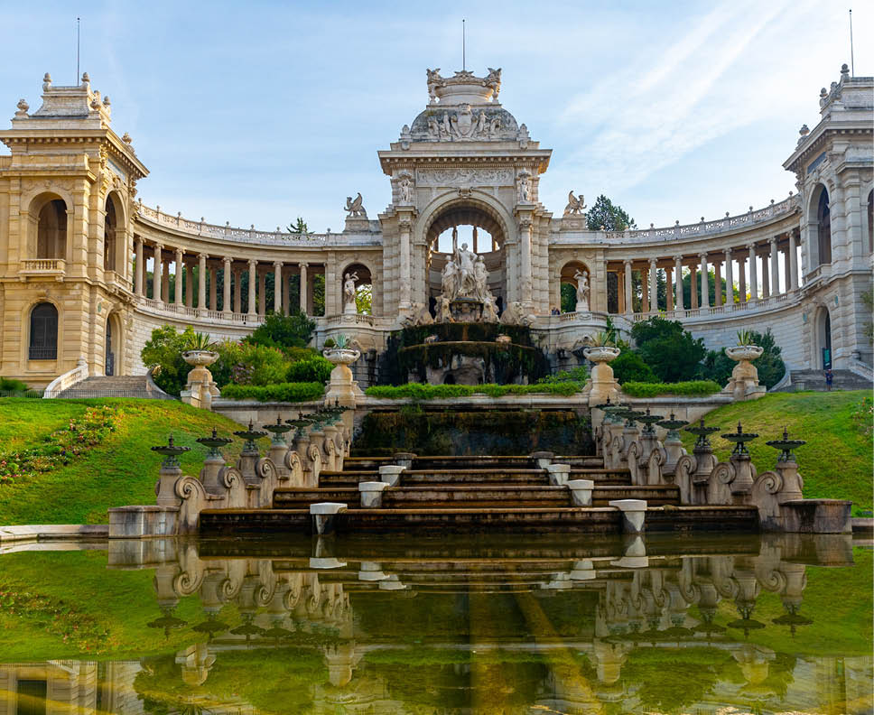 External view of Palais Longchamp, fountain and central sculpture group.