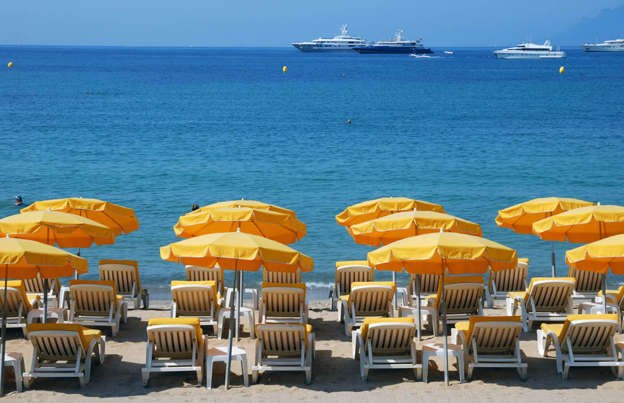 Sunlounger on the beach in Cannes, southern France