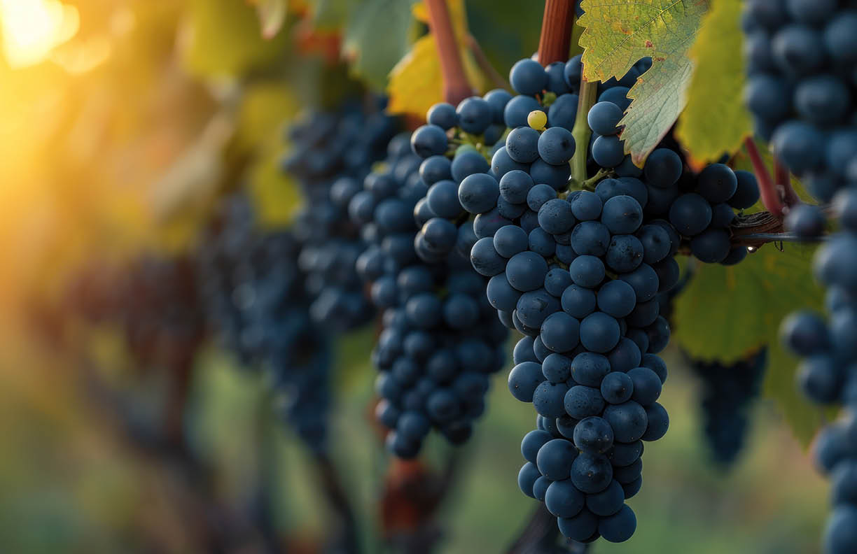 Close up of ripe purple grapes hanging on the vine in a vineyard at sunset, ready for harvest. The warm light of the setting sun illuminates the grapes, creating a beautiful and inviting scene
