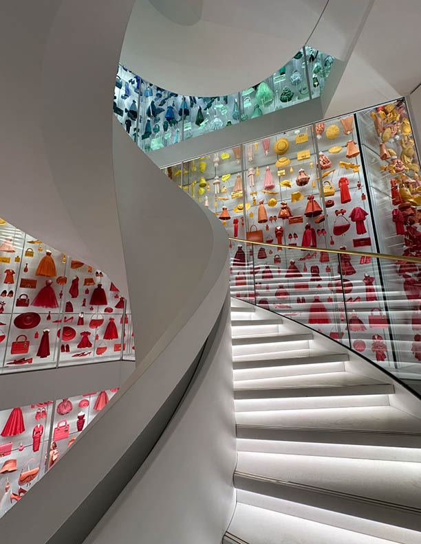 Paris, France - january 29, 2024: La Galerie Dior. The spiral staircase at the entrance of the exhibition