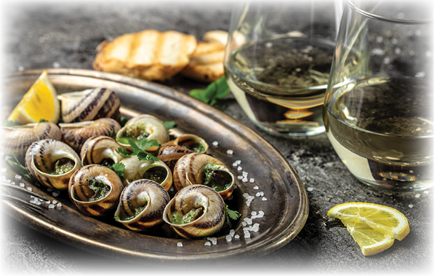 Baked snails with butter and spice on dark background. Snails baked with sauce, Bourgogne Escargot Snails. gourmet food. concept of french cuisine, Long banner format. top view.