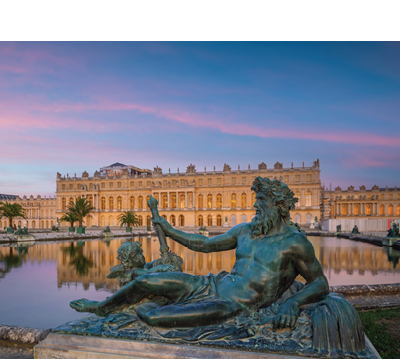 Garden of Chateau de Versailles, near Paris in France at sunset