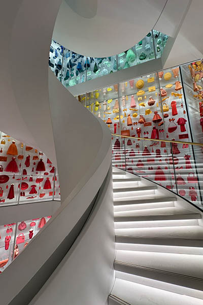 Paris, France - january 29, 2024: La Galerie Dior. The spiral staircase at the entrance of the exhibition
