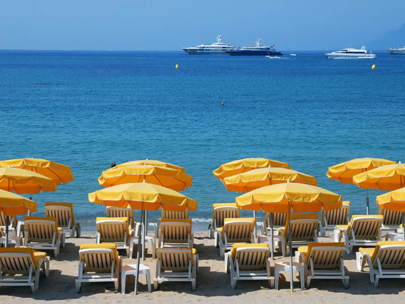 Sunlounger on the beach in Cannes, southern France