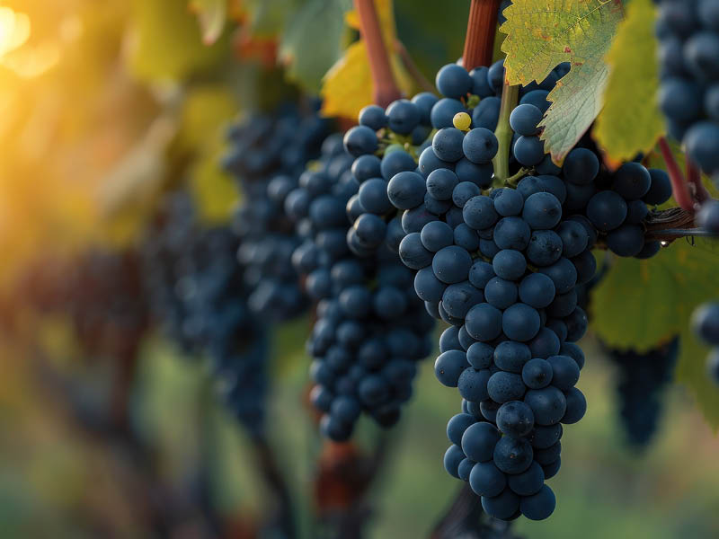Close up of ripe purple grapes hanging on the vine in a vineyard at sunset, ready for harvest. The warm light of the setting sun illuminates the grapes, creating a beautiful and inviting scene