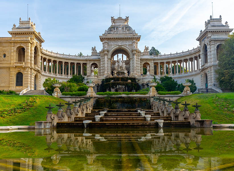 External view of Palais Longchamp, fountain and central sculpture group.
