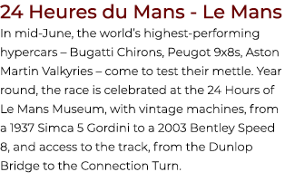 24 Heures du Mans Le Mans In mid June, the world’s highest performing hypercars – Bugatti Chirons, Peugot 9x8s, Aston...