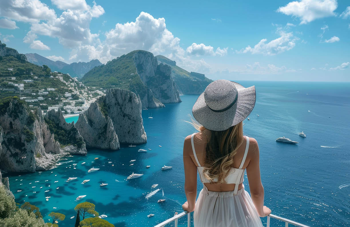 Holidays in Capri, Italy. Young fashion woman enjoying landscape from balcony in Capri Island, Italy. --ar 16:9 Job ID: c2ae3b85-527a-4cbc-ac9a-dab595d55eb5