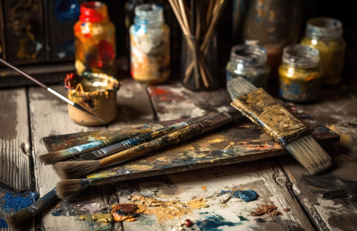 Picture frames, a palette for oil paintings, a palette knife, and a shabby wooden background. Template for advertising an oil painting master class. Generative AI