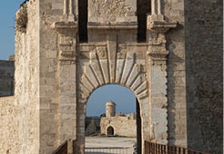 The decorated portal of The Castello Maniace is a citadel and castle in Syracuse, Sicily, Italy, Europe 