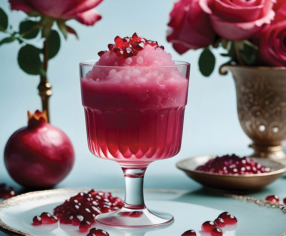 a refreshing granita made with vibrant pomegranate juice and fragrant rose water, served in an elegant glass. Ai generative