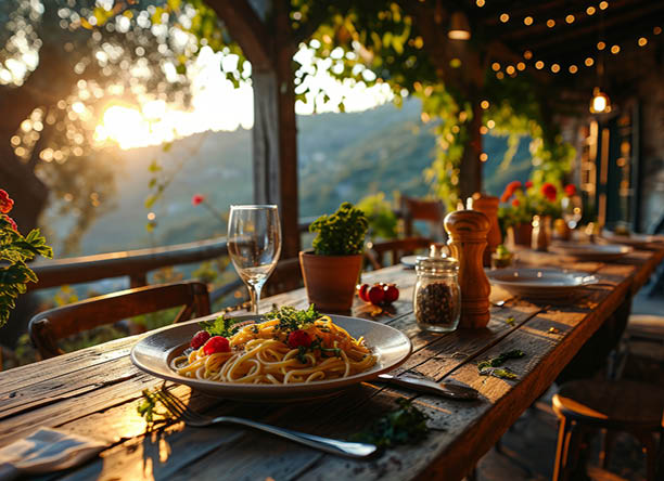 Cozy outdoor caf summer terrace overlooking picturesque Italian landscape illuminated by warm evening sunlight. Close-up of rustic wooden table with a plate of Spaghetti and a glass of white wine
