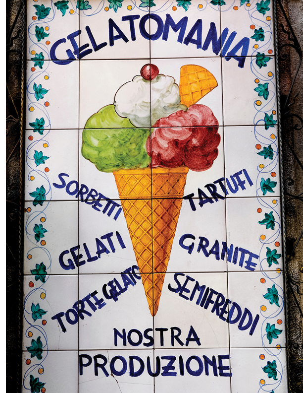 Ice cream shop sign in Taormina, Sicily, Italy.