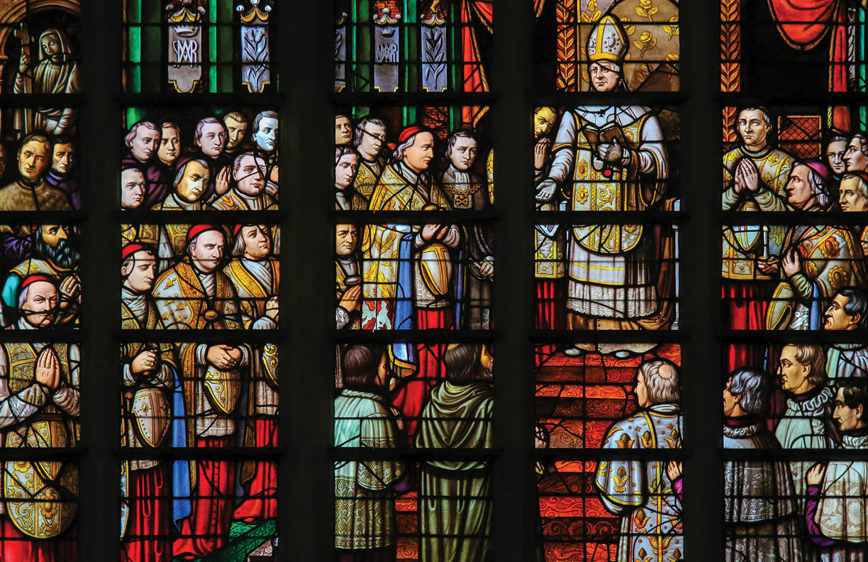 Stained Glass in Mechelen Cathedral of the promulgation of the papal bull Ineffabilis Deus, defining the dogma of the Immaculate Conception, by Pope Pius IX in 1854.