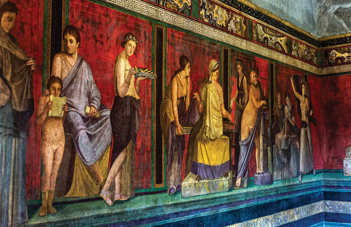 Mural fresco of the Villa of the Mysteries in the ruins of the ancient archaeological site of Pompeii, Italy