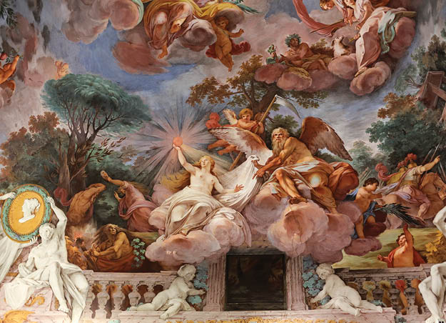 ROME, ITALY - JUNE 14, 2015: Art painting of ceiling in central hall of Villa Borghese, Rome