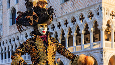 Venice, Italy. Carnival of Venice, beautiful mask at St. Mark's Square.
