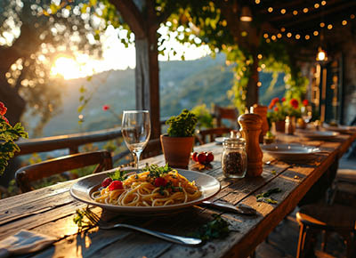 Cozy outdoor caf summer terrace overlooking picturesque Italian landscape illuminated by warm evening sunlight. Close-up of rustic wooden table with a plate of Spaghetti and a glass of white wine
