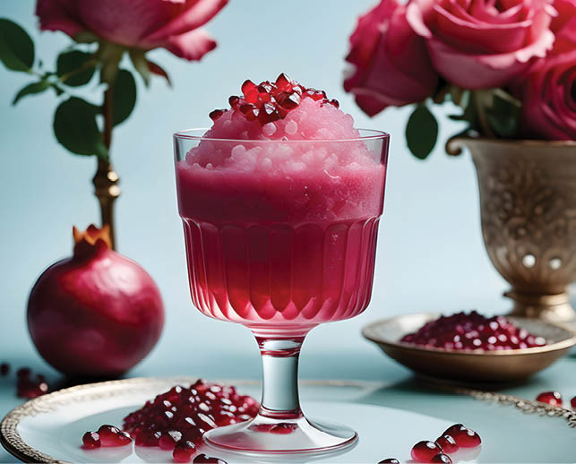 a refreshing granita made with vibrant pomegranate juice and fragrant rose water, served in an elegant glass. Ai generative