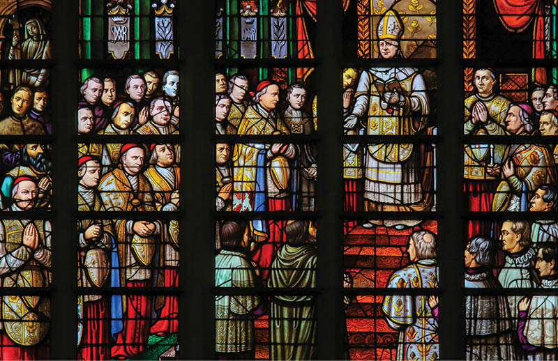 Stained Glass in Mechelen Cathedral of the promulgation of the papal bull Ineffabilis Deus, defining the dogma of the Immaculate Conception, by Pope Pius IX in 1854.