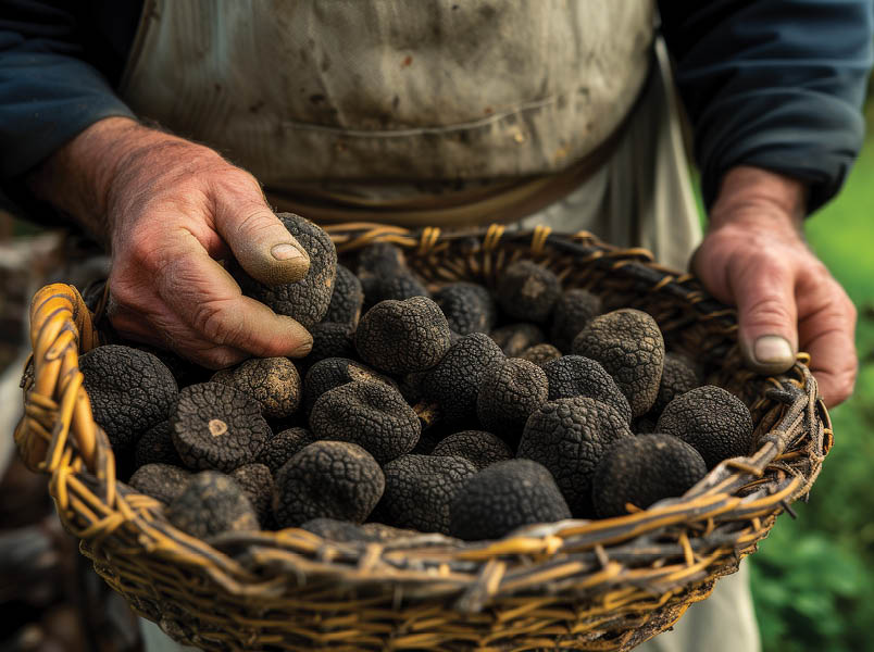 A white man displays freshly gathered black truffles in a basket