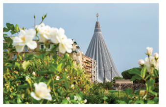 View to spire of Basilica Our Lady of Tears (Santuario della Madonna delle Lacrime). Syracuse, Sicily, Italy