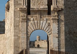 The decorated portal of The Castello Maniace is a citadel and castle in Syracuse, Sicily, Italy, Europe 