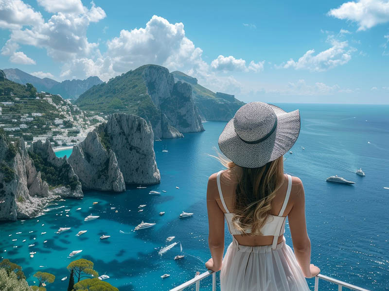 Holidays in Capri, Italy. Young fashion woman enjoying landscape from balcony in Capri Island, Italy. --ar 16:9 Job ID: c2ae3b85-527a-4cbc-ac9a-dab595d55eb5