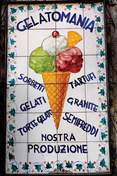 Ice cream shop sign in Taormina, Sicily, Italy.