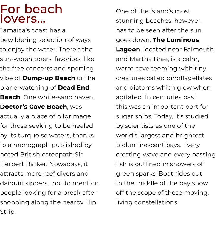 For beach lovers… Jamaica’s coast has a bewildering selection of ways to enjoy the water. There’s the sun worshippers...