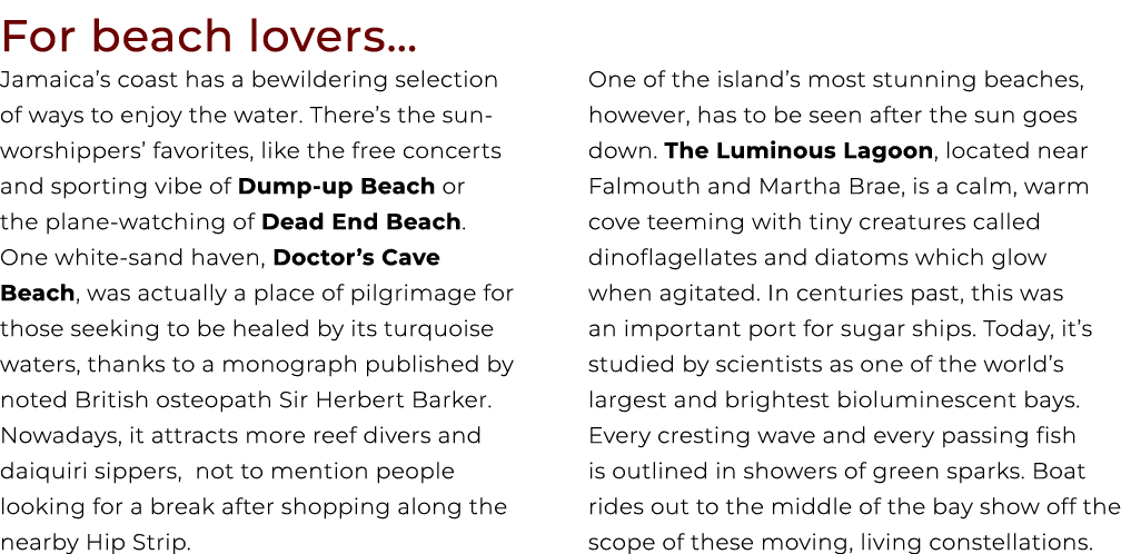 For beach lovers… Jamaica’s coast has a bewildering selection of ways to enjoy the water. There’s the sun worshippers...