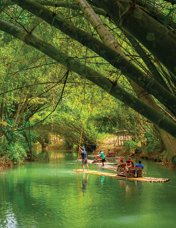 Falmouth, Jamaica - July 07 2019: Martha Brae River, Jamaica. Tourists on bamboo raft rides. Relaxing scenic tour in countryside landscape under canopy trees. People enjoy summer vacation activity.