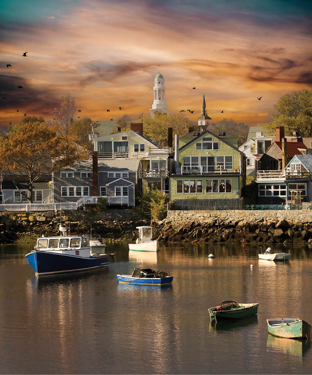 Fishing boat harbor at Rockport, MA. Rockport is a town in Essex County, Massachusetts, United States, also First Congregational Church clock tower, Rockport