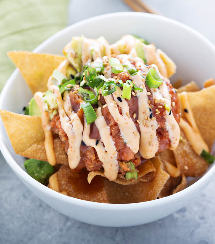 Poke bowl nachos style with fried wonton wrappers