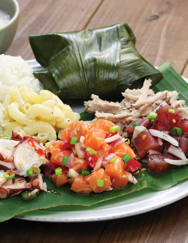 hawaiian traditional plate lunch,ahi poke,lomi lomi salmon,tako poke,kalua pork,poi,lau lau