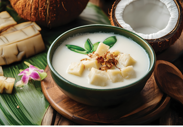 A close-up shot of a bowl of Tongan luau, a creamy coconut milk-based dessert featuring cubed taro. The taro is off-white, and the coconut milk is a pale, creamy white. Green Pandan leaves are visible on top, along with some light brown, possibly toasted coconut flakes. The bowl is a dark, muted green.  The background includes additional taro pieces arranged on a vibrant green leaf, whole coconuts, and a wooden surface.  The overall mood is one of calm and tropical warmth. The lighting is soft and natural, highlighting the textures and colors of the food and setting.