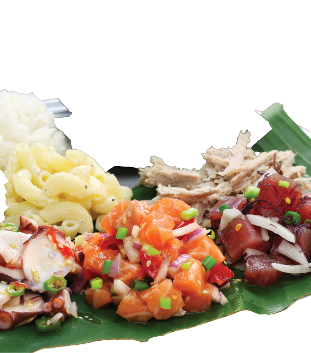 hawaiian traditional plate lunch,ahi poke,lomi lomi salmon,tako poke,kalua pork,poi,lau lau