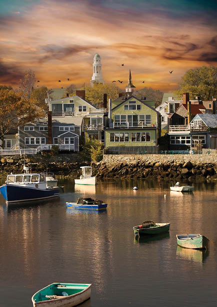 Fishing boat harbor at Rockport, MA. Rockport is a town in Essex County, Massachusetts, United States, also First Congregational Church clock tower, Rockport