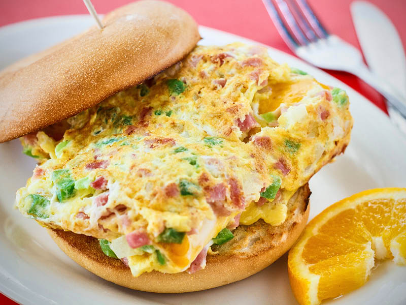 denver omlette served as a bagel sandwich