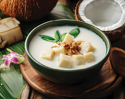 A close-up shot of a bowl of Tongan luau, a creamy coconut milk-based dessert featuring cubed taro. The taro is off-white, and the coconut milk is a pale, creamy white. Green Pandan leaves are visible on top, along with some light brown, possibly toasted coconut flakes. The bowl is a dark, muted green.  The background includes additional taro pieces arranged on a vibrant green leaf, whole coconuts, and a wooden surface.  The overall mood is one of calm and tropical warmth. The lighting is soft and natural, highlighting the textures and colors of the food and setting.