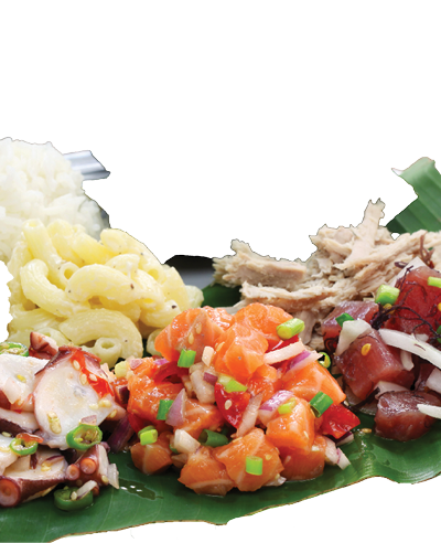 hawaiian traditional plate lunch,ahi poke,lomi lomi salmon,tako poke,kalua pork,poi,lau lau
