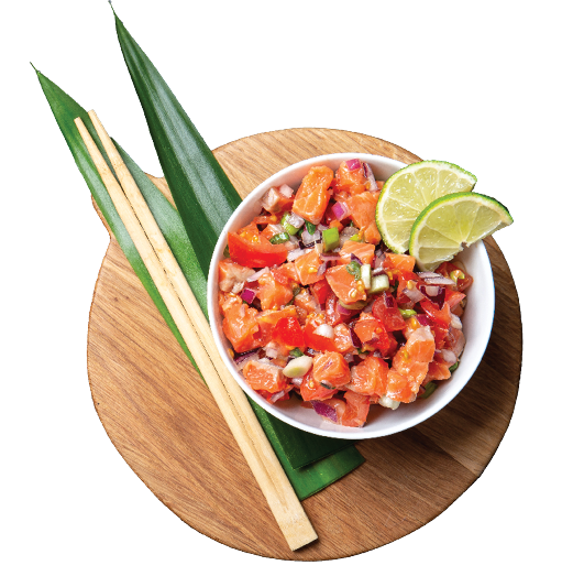 Lomi lomi salmon, hawaiian raw salmon salad on blue background