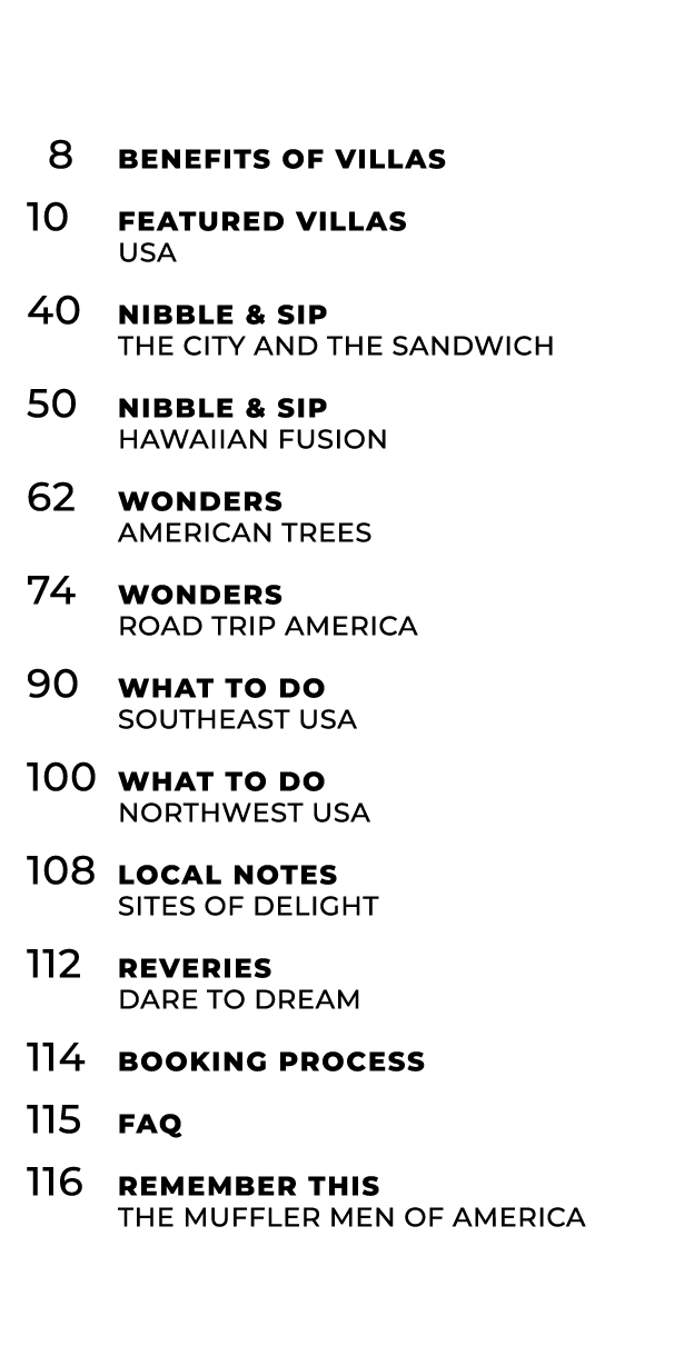  8 Benefits of Villas 10 Featured Villas USA 40 Nibble & Sip The CIty and the sandwich 50 Nibble & Sip Hawaiian Fusio...