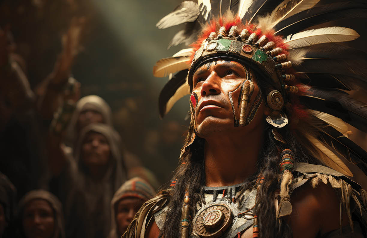 Portrait of a Man dressed like Moctezuma the historic aztec general