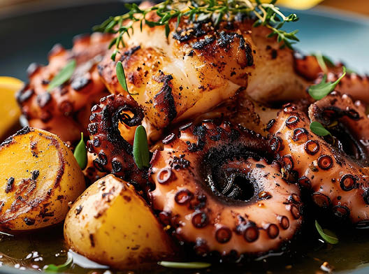 Grilled octopus with potato. Generative AI.