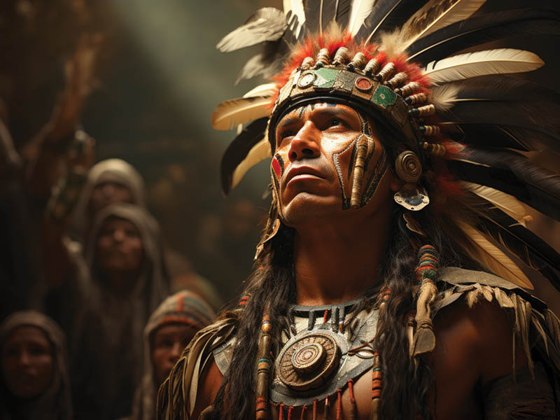 Portrait of a Man dressed like Moctezuma the historic aztec general