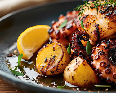 Grilled octopus with potato. Generative AI.