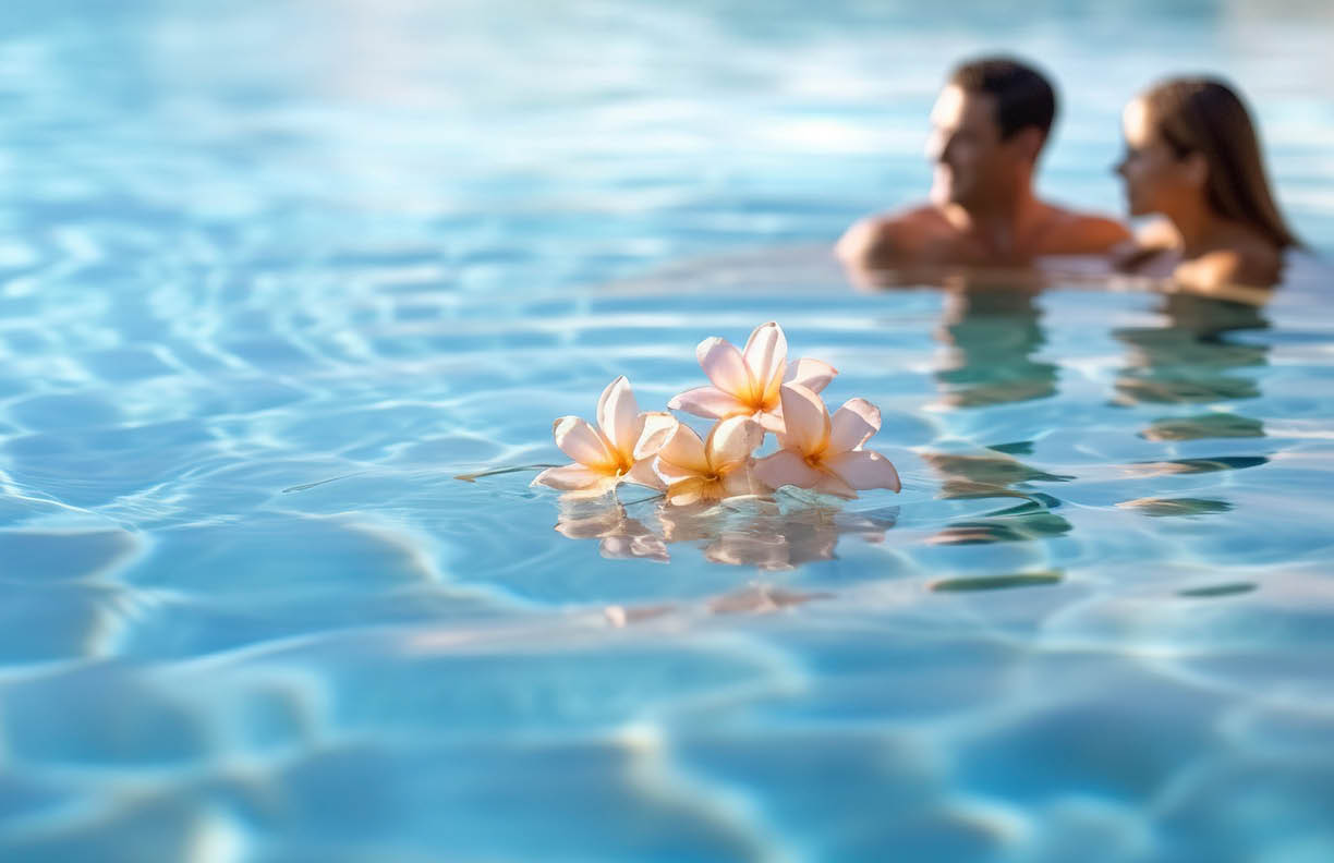 A couple enjoy their Thai vacation in an infinity pool at a luxury resort. Ai generated.