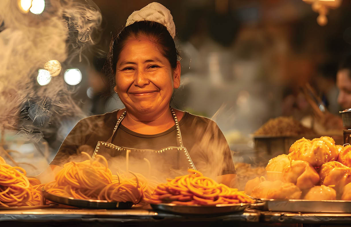 Mexican woman selling traditional street food in Mexico City. Concept Street Food Vendors, Mexican Culture, Local Cuisine, Traditional Markets