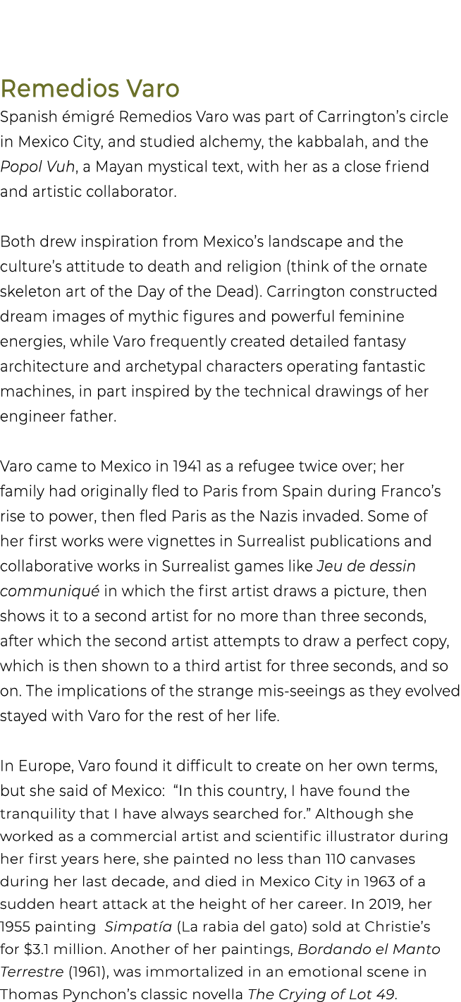 Remedios Varo Spanish migr  Remedios Varo was part of Carrington’s circle in Mexico City, and studied alchemy, the k...